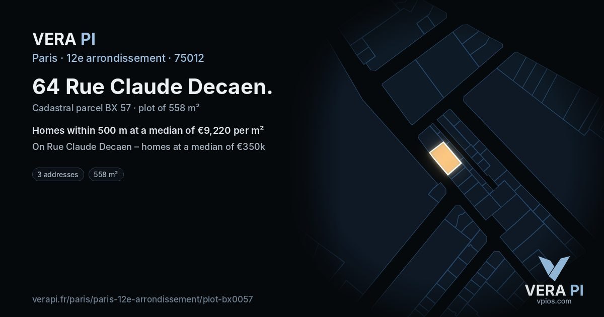 64 Rue Claude Decaen, 12e arrondissement at night – the plot lit, the parcels around coloured by the prices near them