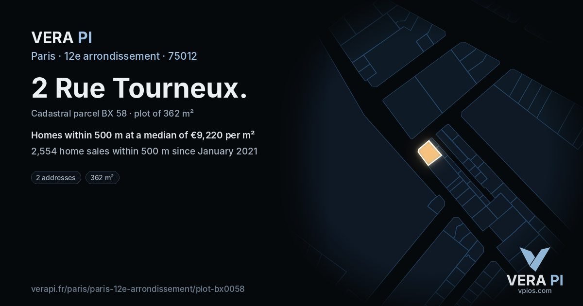 2 Rue Tourneux, 12e arrondissement at night – the plot lit, the parcels around coloured by the prices near them