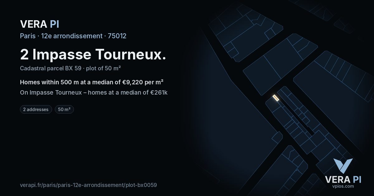 2 Impasse Tourneux, 12e arrondissement at night – the plot lit, the parcels around coloured by the prices near them