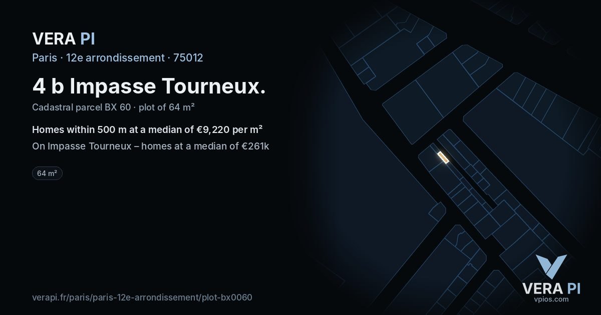 4 b Impasse Tourneux, 12e arrondissement at night – the plot lit, the parcels around coloured by the prices near them