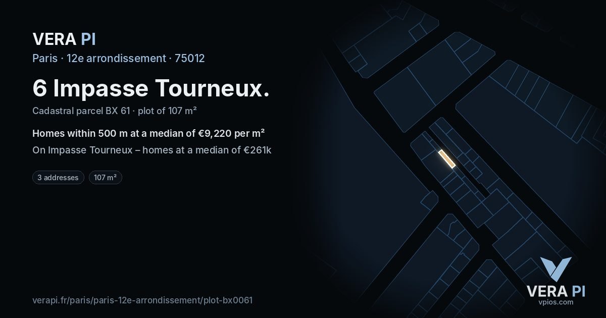 6 Impasse Tourneux, 12e arrondissement at night – the plot lit, the parcels around coloured by the prices near them