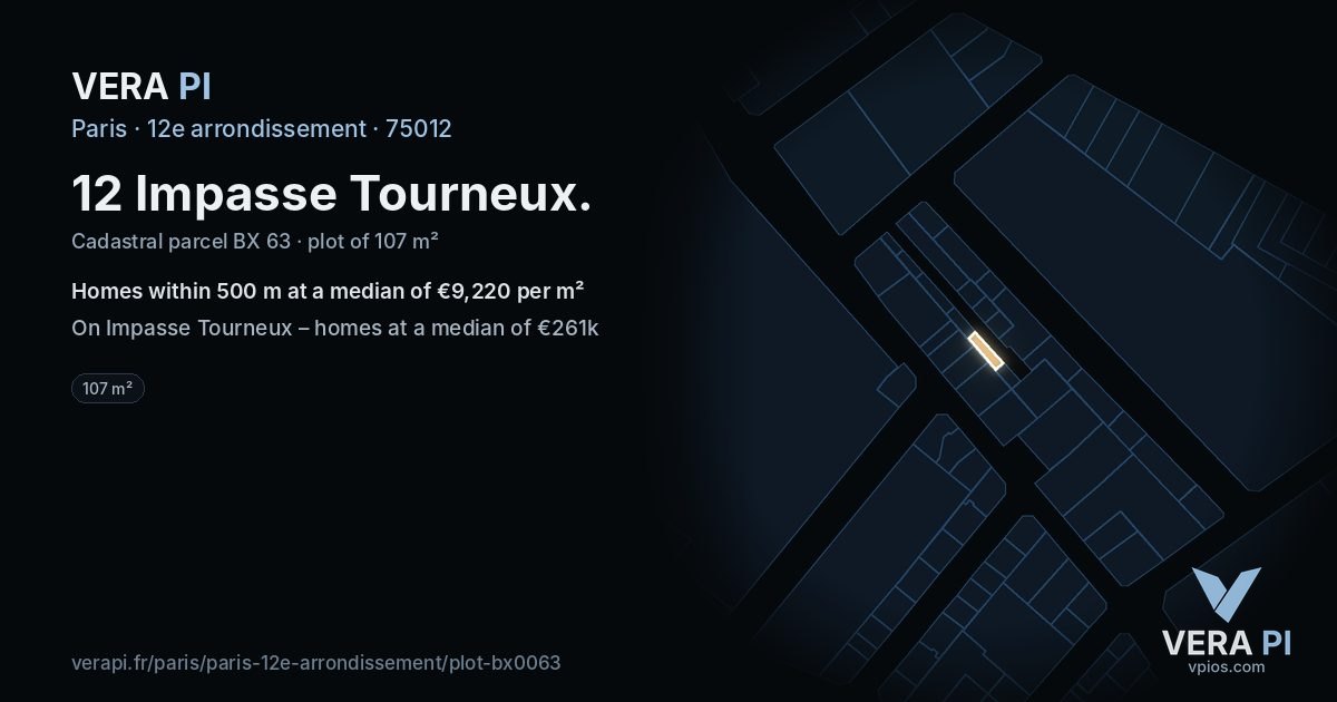 12 Impasse Tourneux, 12e arrondissement at night – the plot lit, the parcels around coloured by the prices near them