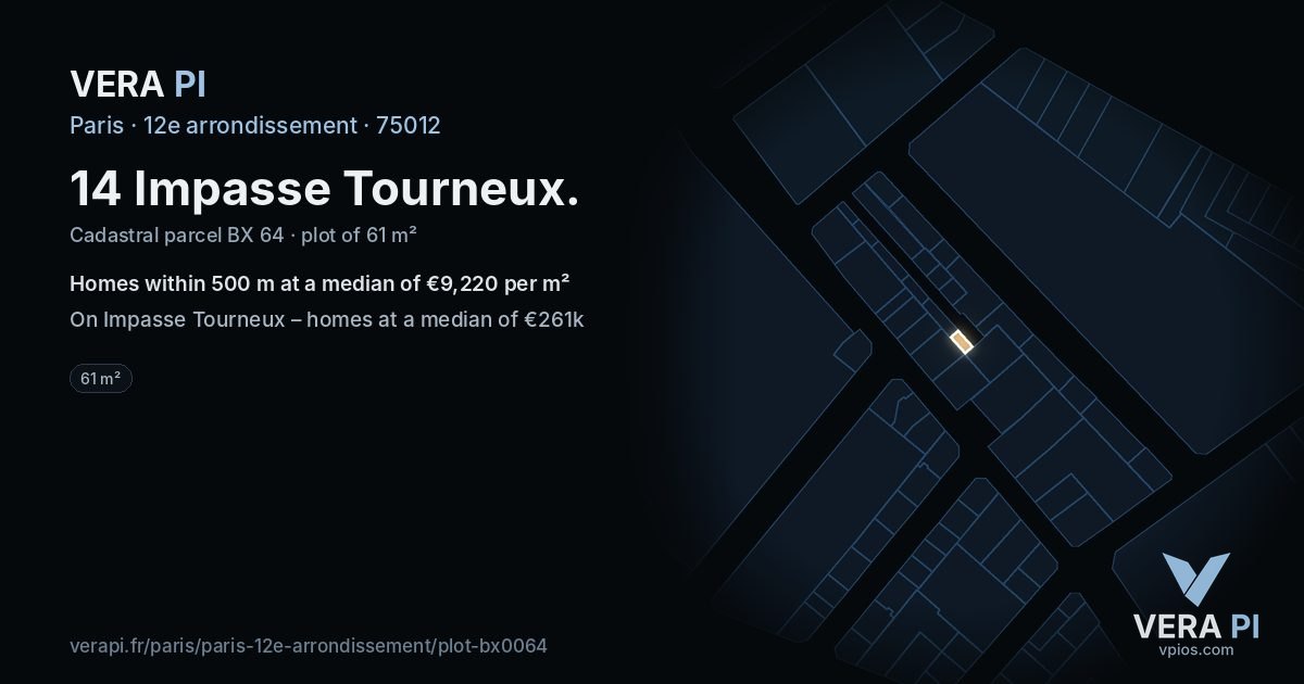 14 Impasse Tourneux, 12e arrondissement at night – the plot lit, the parcels around coloured by the prices near them
