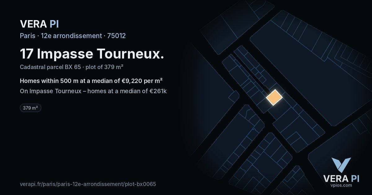 17 Impasse Tourneux, 12e arrondissement at night – the plot lit, the parcels around coloured by the prices near them