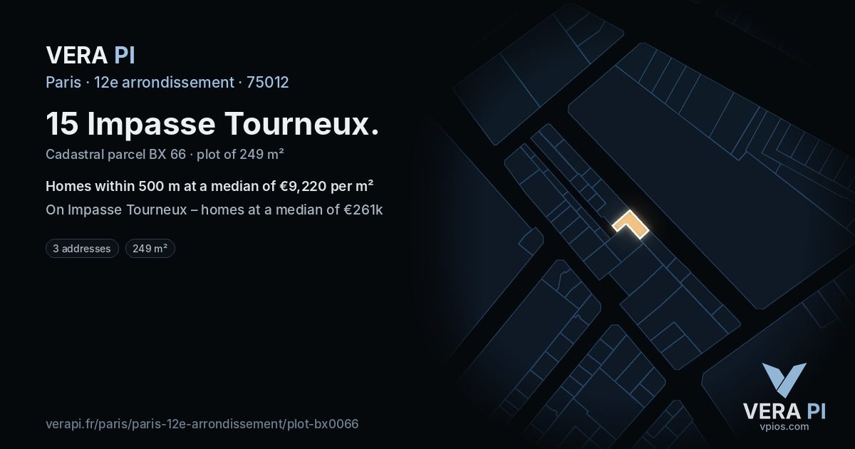 15 Impasse Tourneux, 12e arrondissement at night – the plot lit, the parcels around coloured by the prices near them