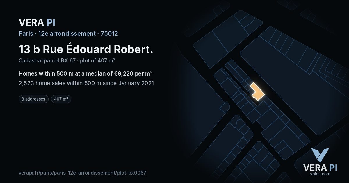 13 b Rue Édouard Robert, 12e arrondissement at night – the plot lit, the parcels around coloured by the prices near them