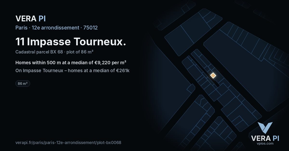 11 Impasse Tourneux, 12e arrondissement at night – the plot lit, the parcels around coloured by the prices near them
