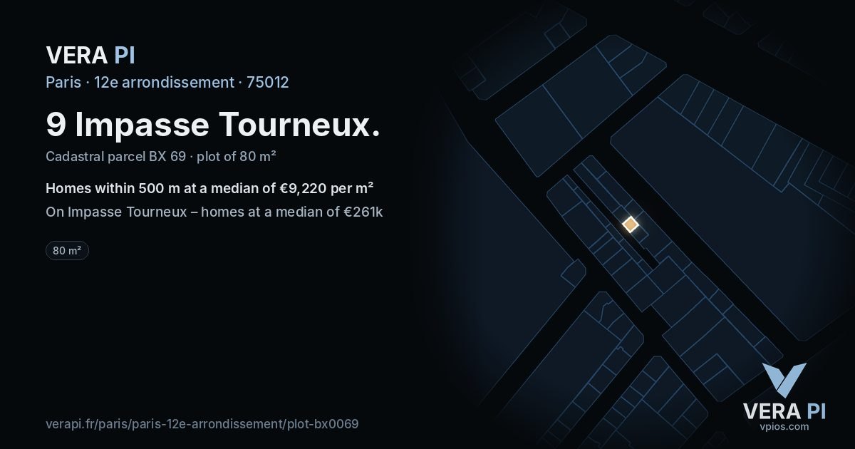 9 Impasse Tourneux, 12e arrondissement at night – the plot lit, the parcels around coloured by the prices near them