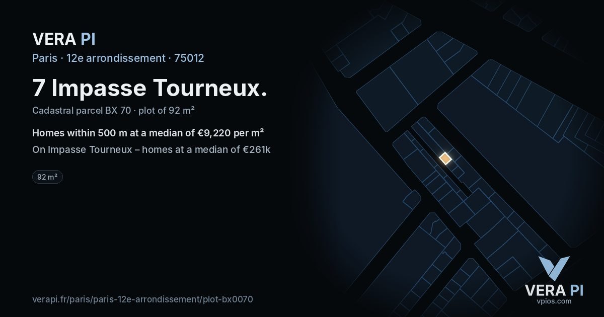 7 Impasse Tourneux, 12e arrondissement at night – the plot lit, the parcels around coloured by the prices near them