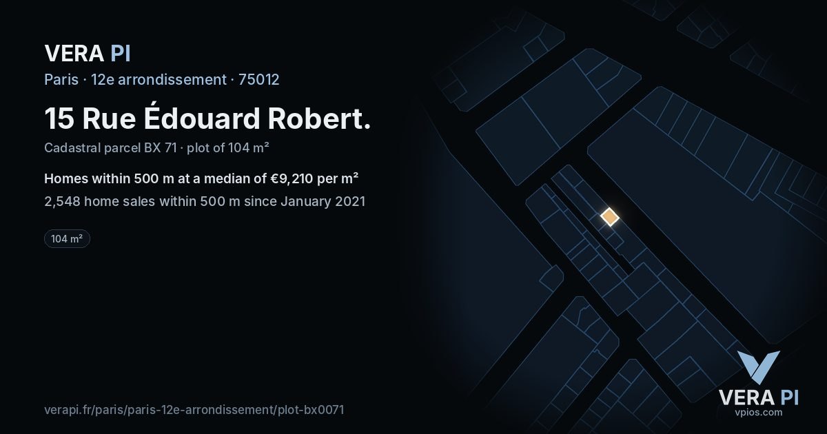 15 Rue Édouard Robert, 12e arrondissement at night – the plot lit, the parcels around coloured by the prices near them