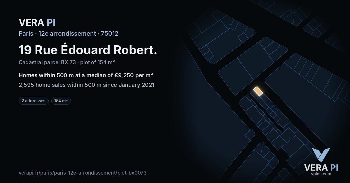 19 Rue Édouard Robert, 12e arrondissement at night – the plot lit, the parcels around coloured by the prices near them