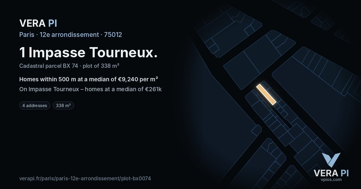 1 Impasse Tourneux, 12e arrondissement at night – the plot lit, the parcels around coloured by the prices near them