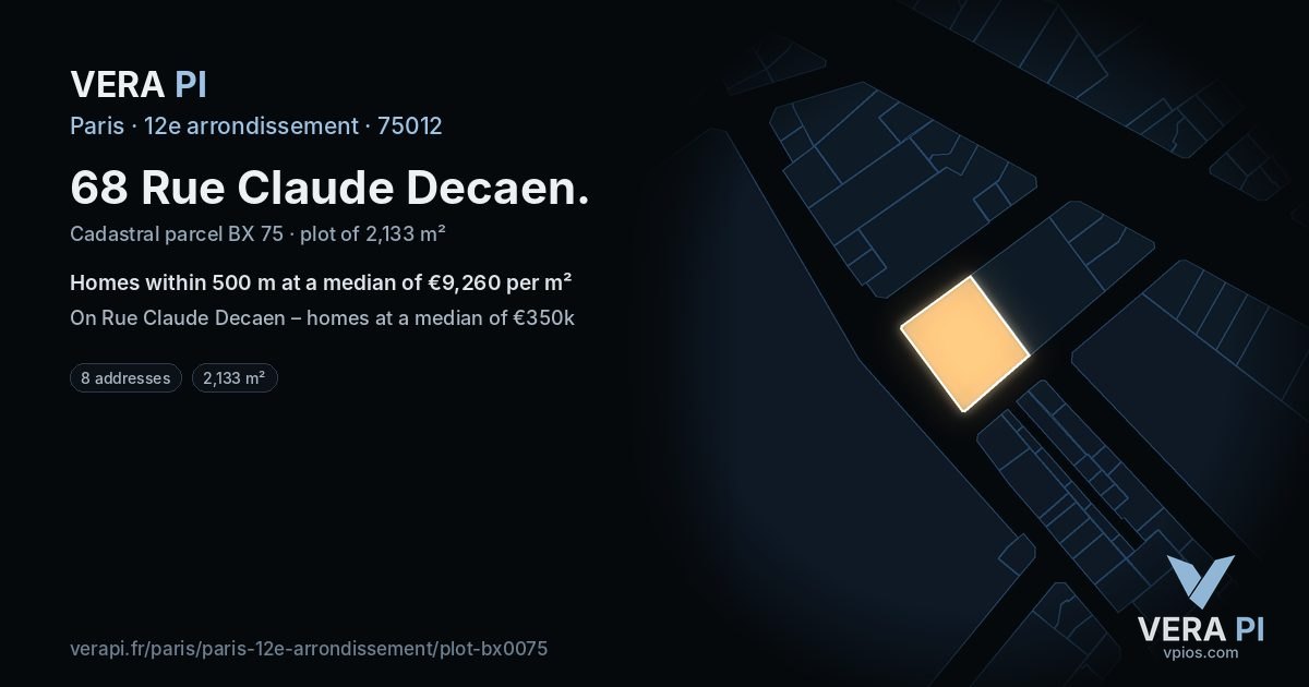 68 Rue Claude Decaen, 12e arrondissement at night – the plot lit, the parcels around coloured by the prices near them