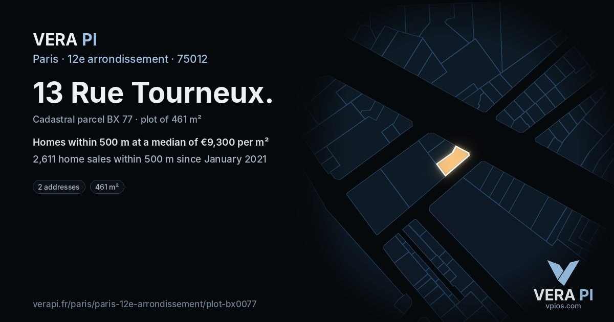 13 Rue Tourneux, 12e arrondissement at night – the plot lit, the parcels around coloured by the prices near them