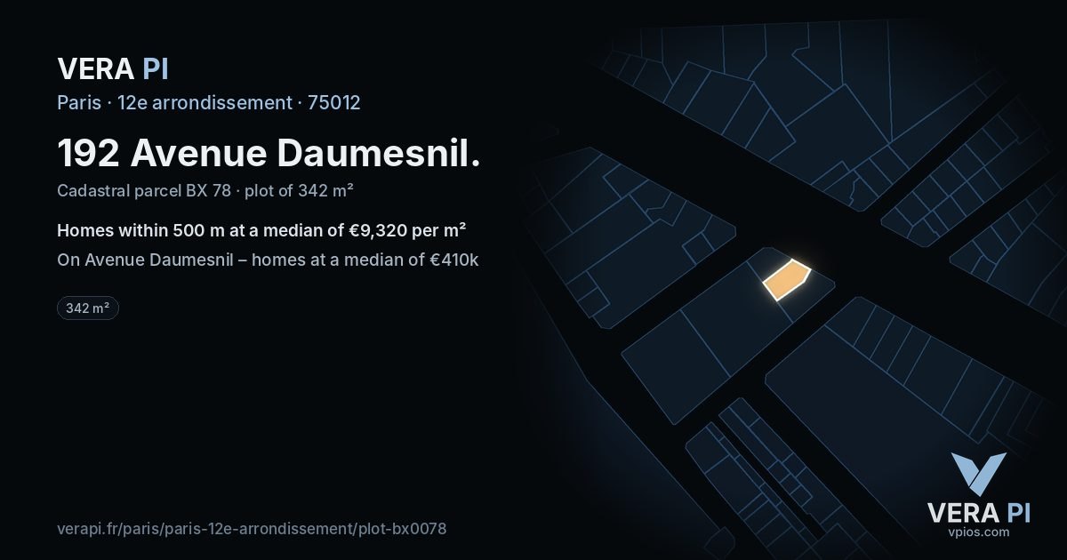192 Avenue Daumesnil, 12e arrondissement at night – the plot lit, the parcels around coloured by the prices near them