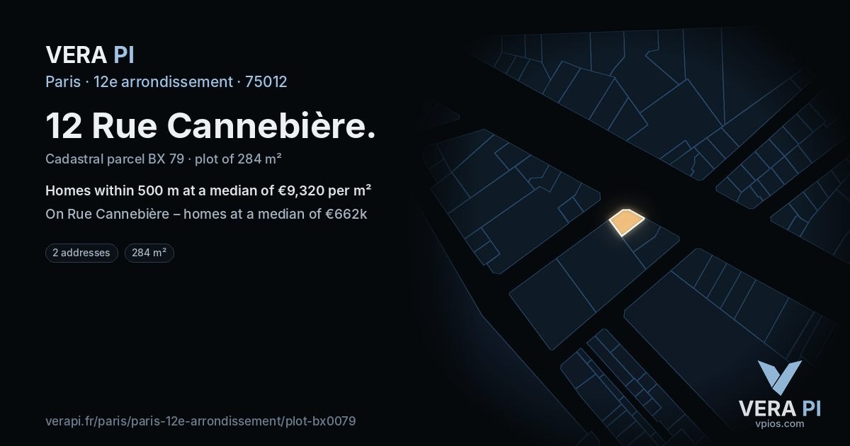 12 Rue Cannebière, 12e arrondissement at night – the plot lit, the parcels around coloured by the prices near them