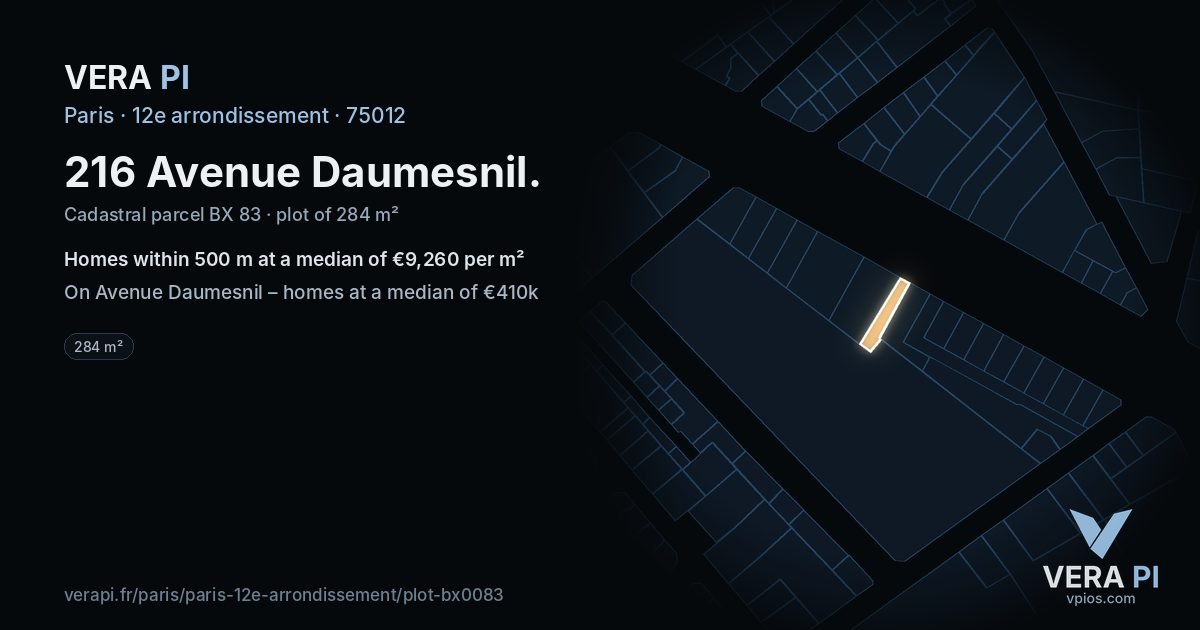 216 Avenue Daumesnil, 12e arrondissement at night – the plot lit, the parcels around coloured by the prices near them
