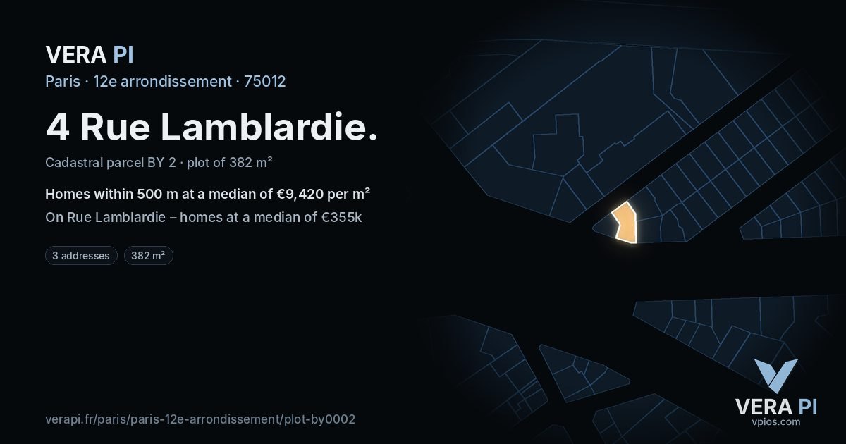 4 Rue Lamblardie, 12e arrondissement at night – the plot lit, the parcels around coloured by the prices near them