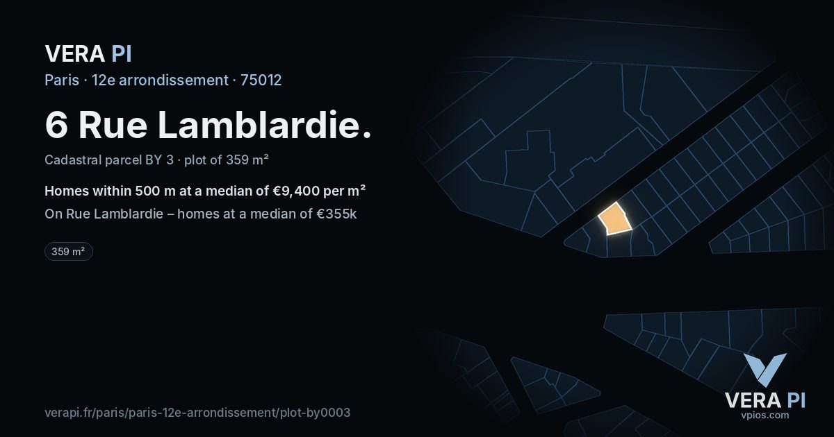 6 Rue Lamblardie, 12e arrondissement at night – the plot lit, the parcels around coloured by the prices near them