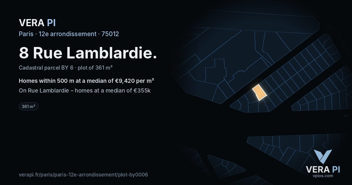 8 Rue Lamblardie, 12e arrondissement at night – the plot lit, the parcels around coloured by the prices near them