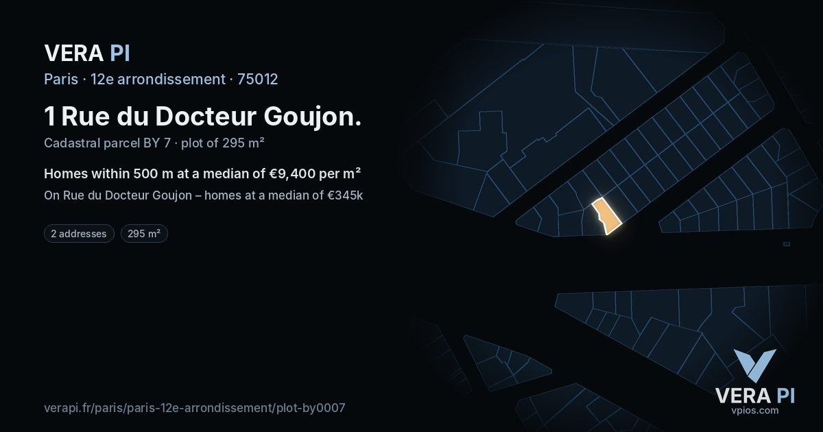 1 Rue du Docteur Goujon, 12e arrondissement at night – the plot lit, the parcels around coloured by the prices near them