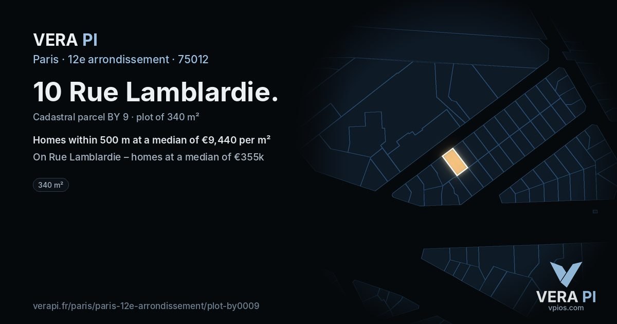 10 Rue Lamblardie, 12e arrondissement at night – the plot lit, the parcels around coloured by the prices near them