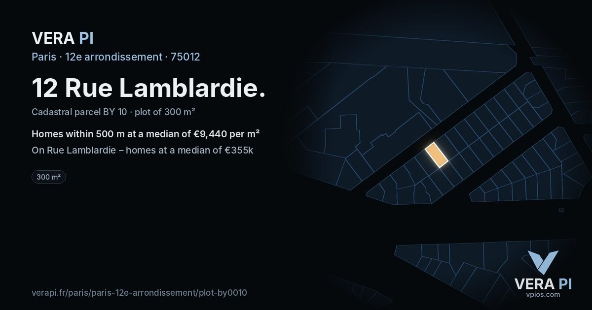 12 Rue Lamblardie, 12e arrondissement at night – the plot lit, the parcels around coloured by the prices near them