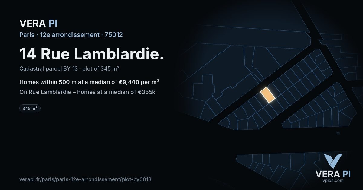 14 Rue Lamblardie, 12e arrondissement at night – the plot lit, the parcels around coloured by the prices near them
