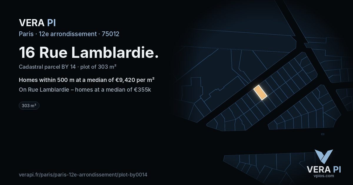 16 Rue Lamblardie, 12e arrondissement at night – the plot lit, the parcels around coloured by the prices near them