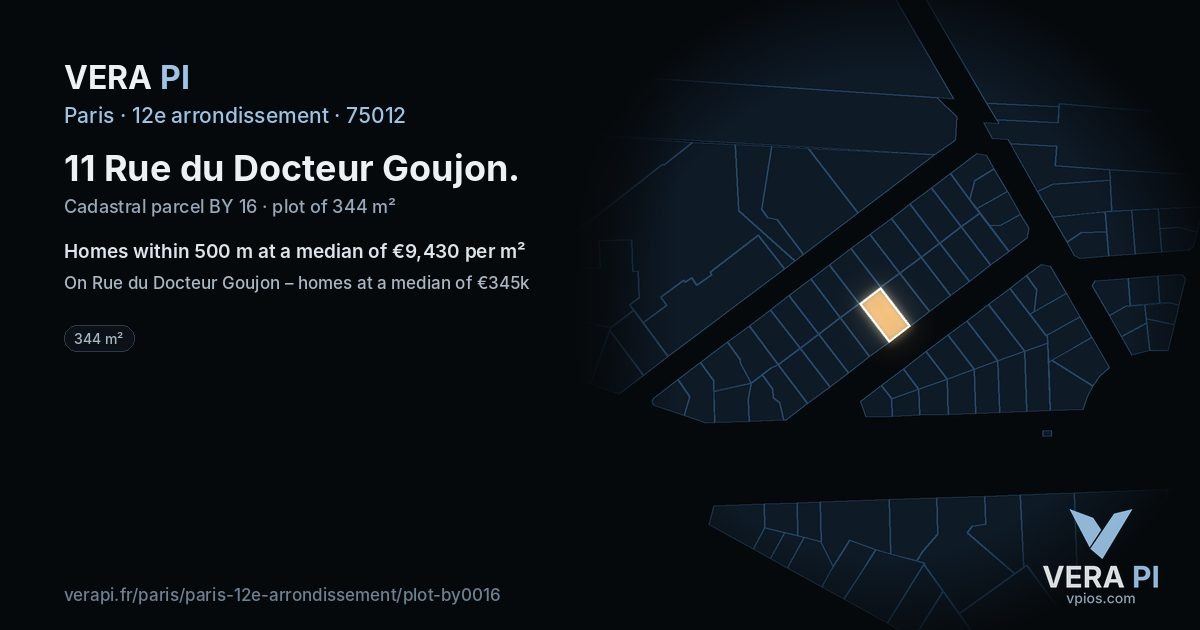 11 Rue du Docteur Goujon, 12e arrondissement at night – the plot lit, the parcels around coloured by the prices near them