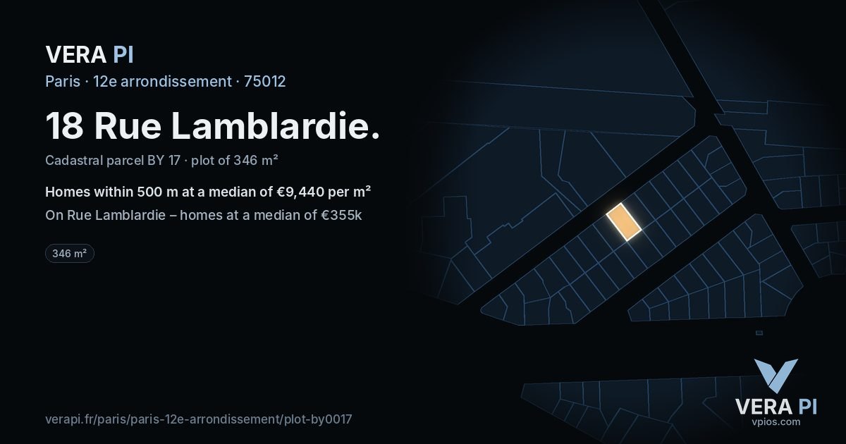 18 Rue Lamblardie, 12e arrondissement at night – the plot lit, the parcels around coloured by the prices near them