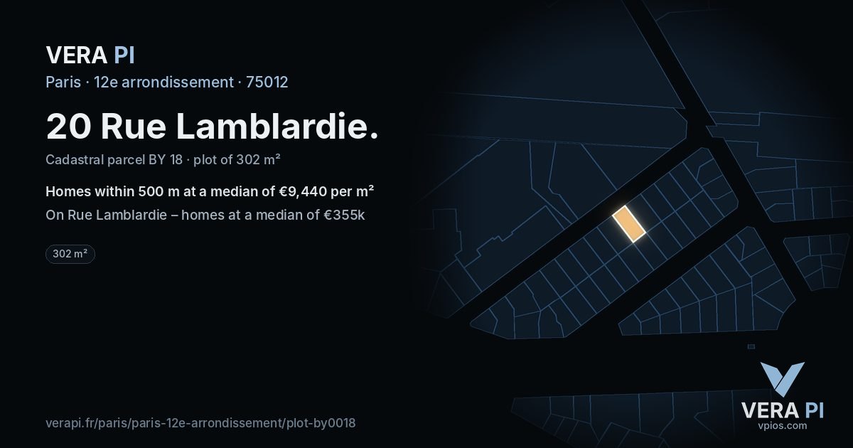 20 Rue Lamblardie, 12e arrondissement at night – the plot lit, the parcels around coloured by the prices near them