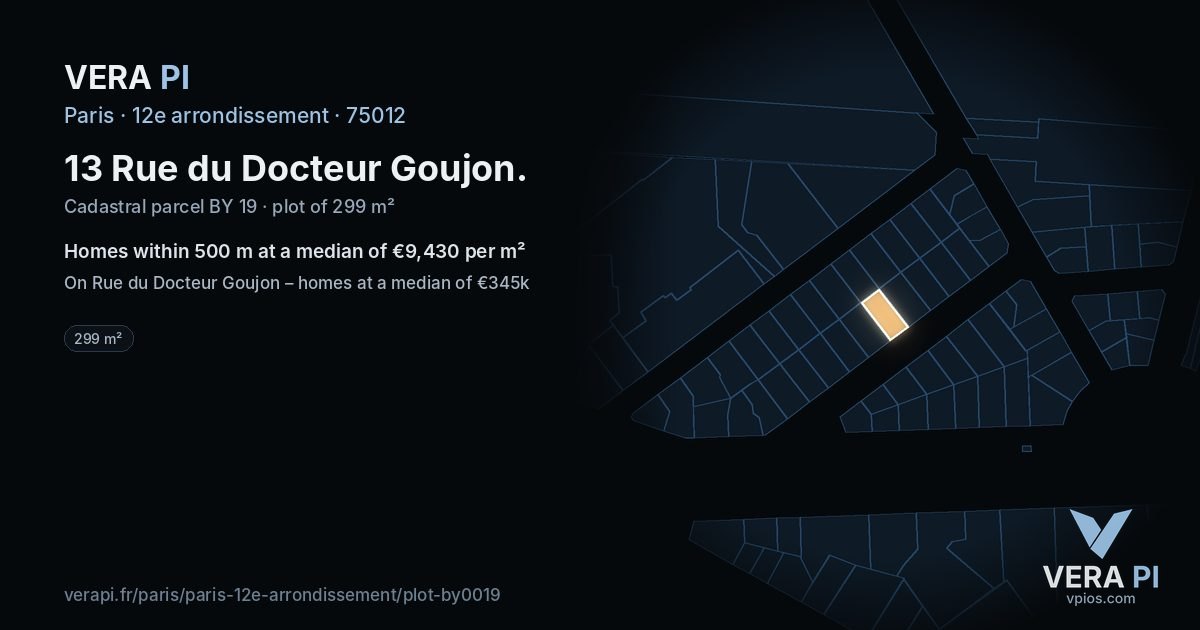 13 Rue du Docteur Goujon, 12e arrondissement at night – the plot lit, the parcels around coloured by the prices near them
