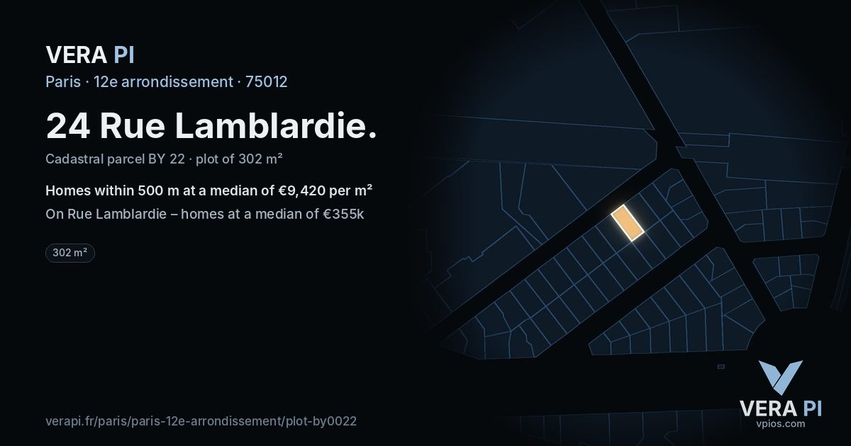 24 Rue Lamblardie, 12e arrondissement at night – the plot lit, the parcels around coloured by the prices near them