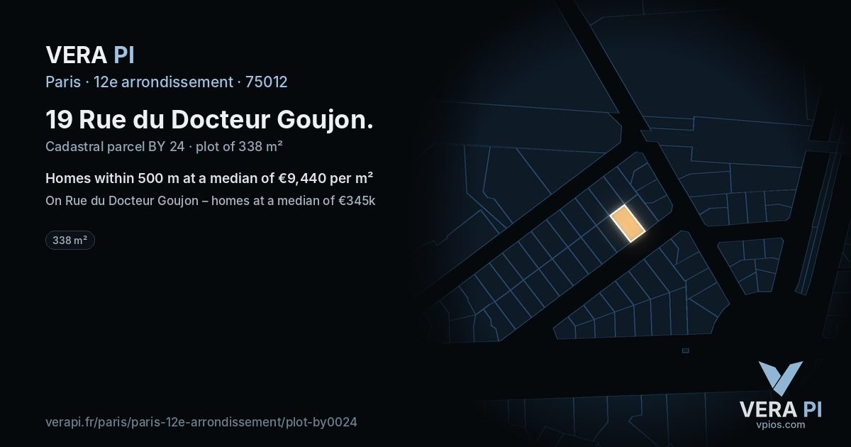 19 Rue du Docteur Goujon, 12e arrondissement at night – the plot lit, the parcels around coloured by the prices near them