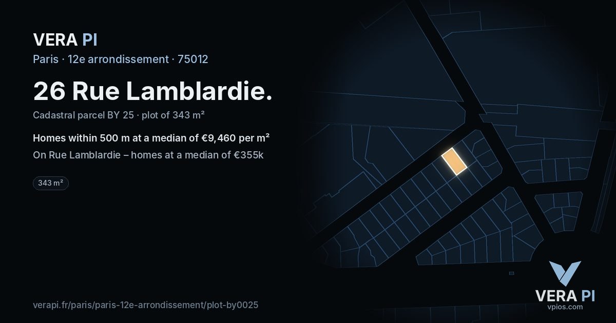 26 Rue Lamblardie, 12e arrondissement at night – the plot lit, the parcels around coloured by the prices near them