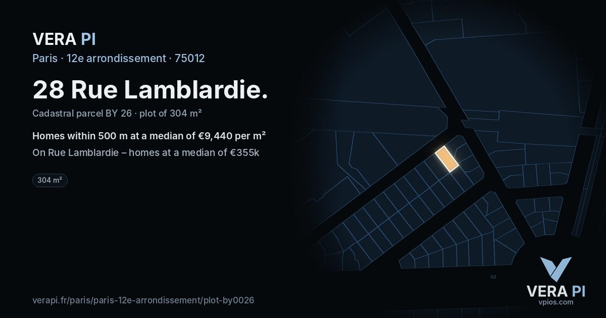 28 Rue Lamblardie, 12e arrondissement at night – the plot lit, the parcels around coloured by the prices near them