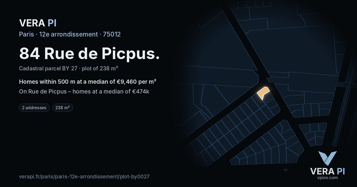 84 Rue de Picpus, 12e arrondissement at night – the plot lit, the parcels around coloured by the prices near them