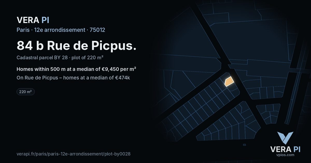 84 b Rue de Picpus, 12e arrondissement at night – the plot lit, the parcels around coloured by the prices near them