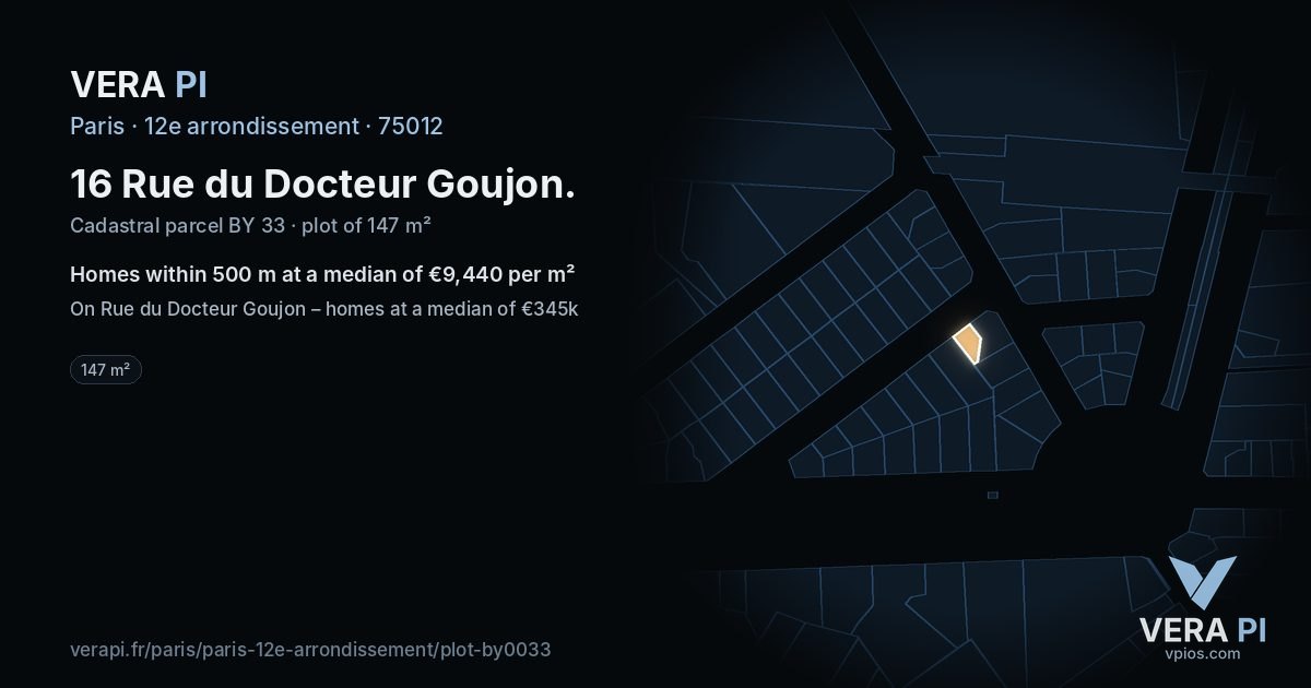 16 Rue du Docteur Goujon, 12e arrondissement at night – the plot lit, the parcels around coloured by the prices near them