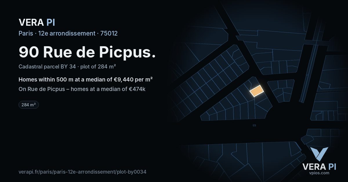 90 Rue de Picpus, 12e arrondissement at night – the plot lit, the parcels around coloured by the prices near them