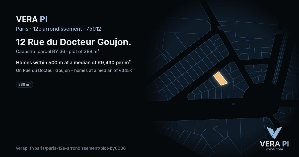 12 Rue du Docteur Goujon, 12e arrondissement at night – the plot lit, the parcels around coloured by the prices near them