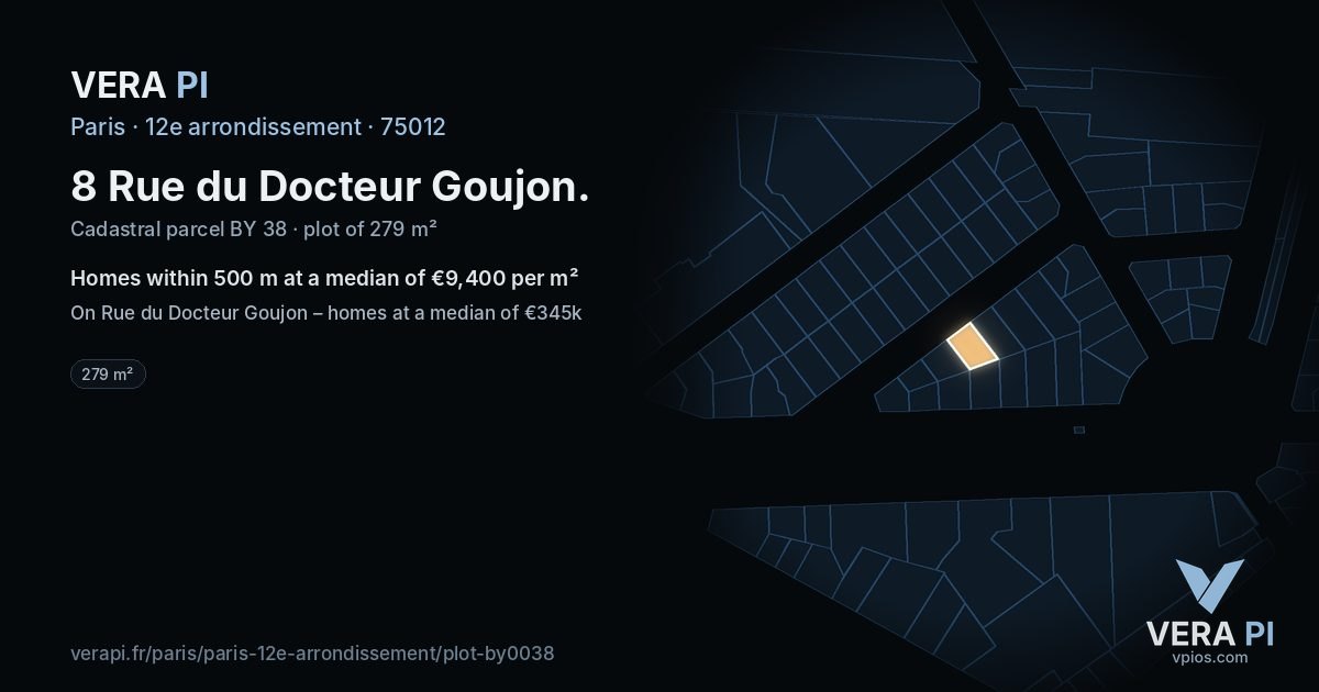 8 Rue du Docteur Goujon, 12e arrondissement at night – the plot lit, the parcels around coloured by the prices near them