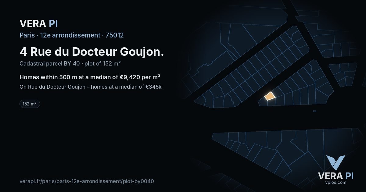 4 Rue du Docteur Goujon, 12e arrondissement at night – the plot lit, the parcels around coloured by the prices near them