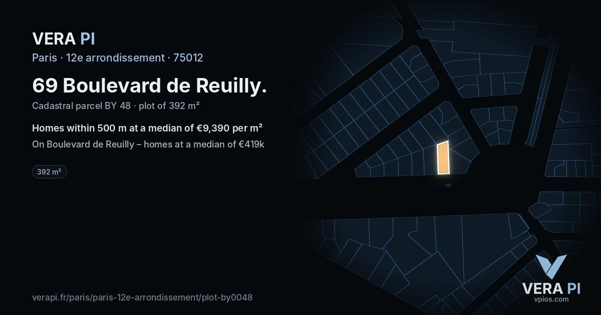 69 Boulevard de Reuilly, 12e arrondissement at night – the plot lit, the parcels around coloured by the prices near them