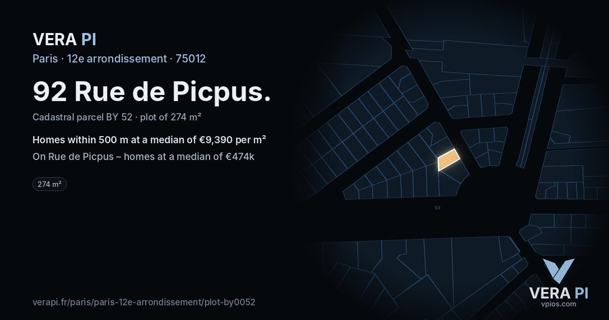 92 Rue de Picpus, 12e arrondissement at night – the plot lit, the parcels around coloured by the prices near them