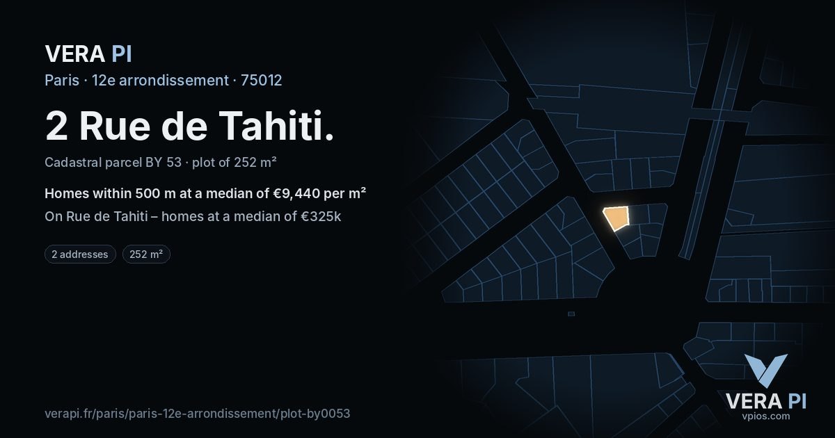 2 Rue de Tahiti, 12e arrondissement at night – the plot lit, the parcels around coloured by the prices near them