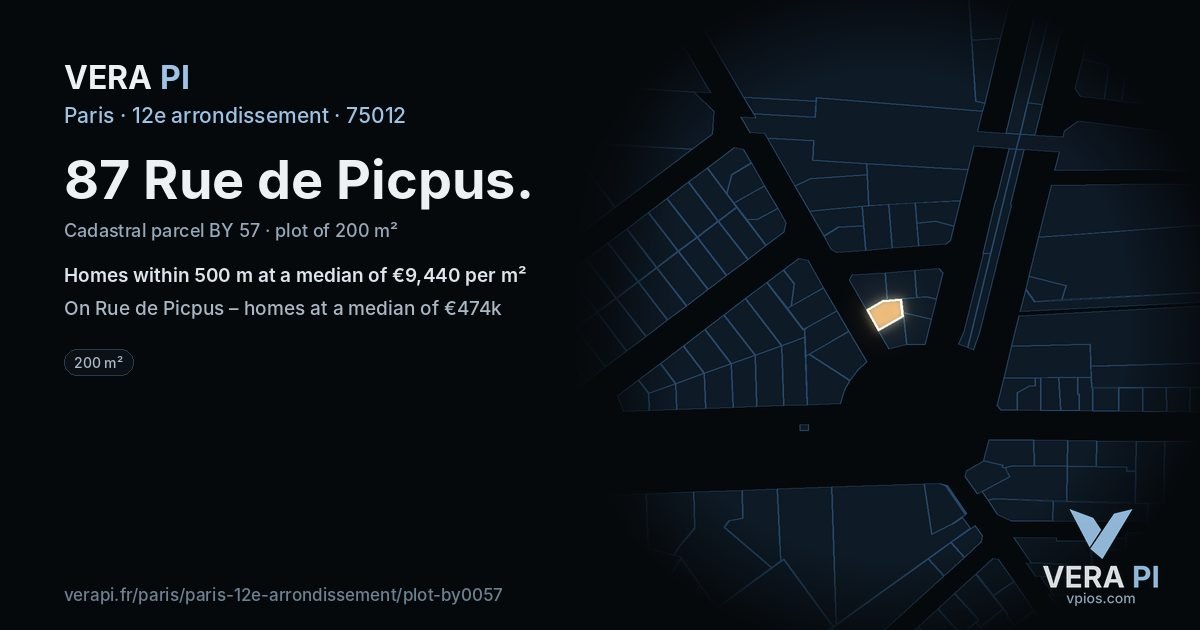 87 Rue de Picpus, 12e arrondissement at night – the plot lit, the parcels around coloured by the prices near them