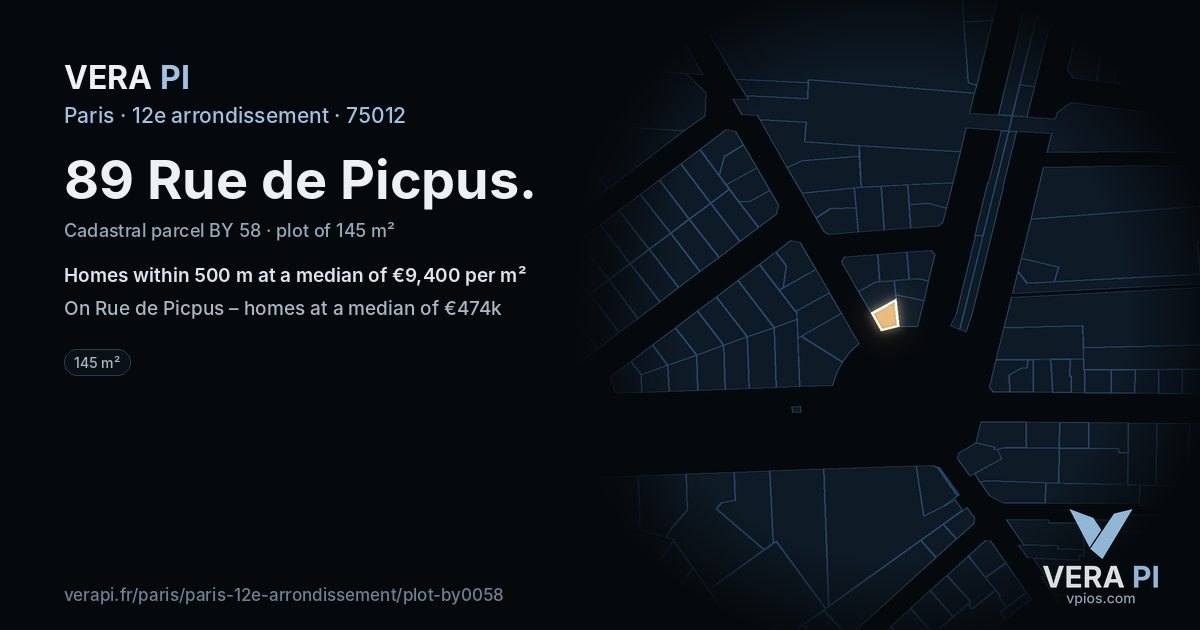 89 Rue de Picpus, 12e arrondissement at night – the plot lit, the parcels around coloured by the prices near them