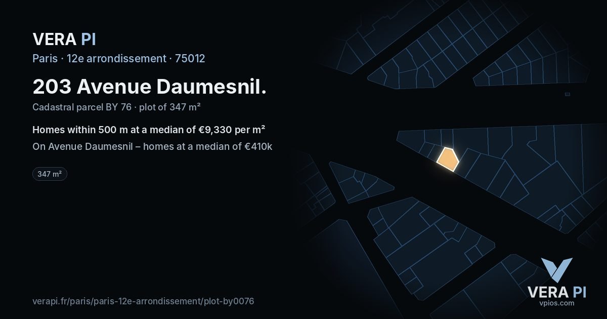 203 Avenue Daumesnil, 12e arrondissement at night – the plot lit, the parcels around coloured by the prices near them